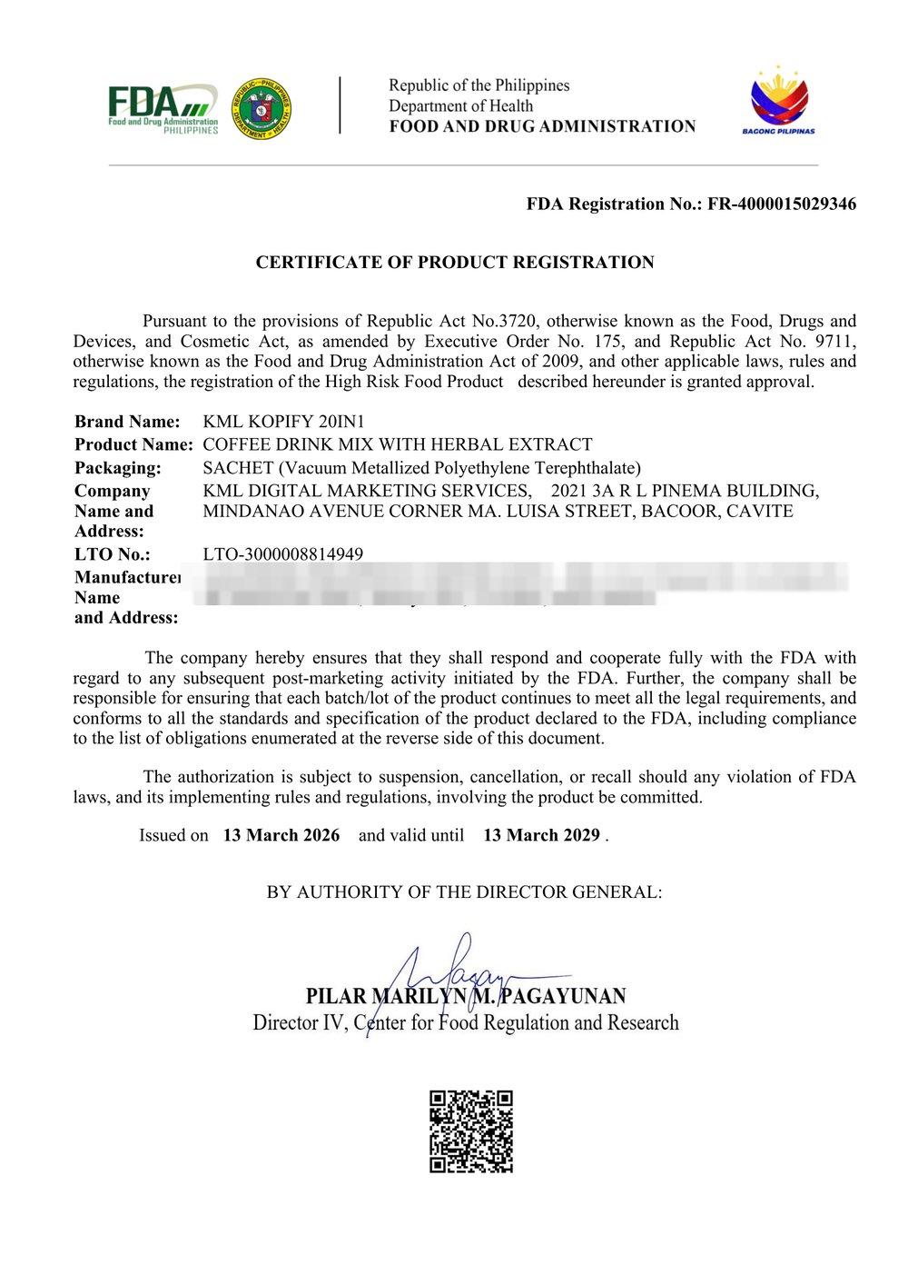 Kopify FDA Certificate of Product Registration, FDA Reg. No. FR-4000015029346