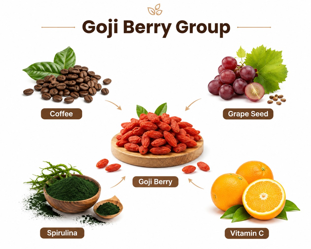 Goji Berry Group: Goji Berry, Coffee, Grape Seed, Spirulina, Vitamin C