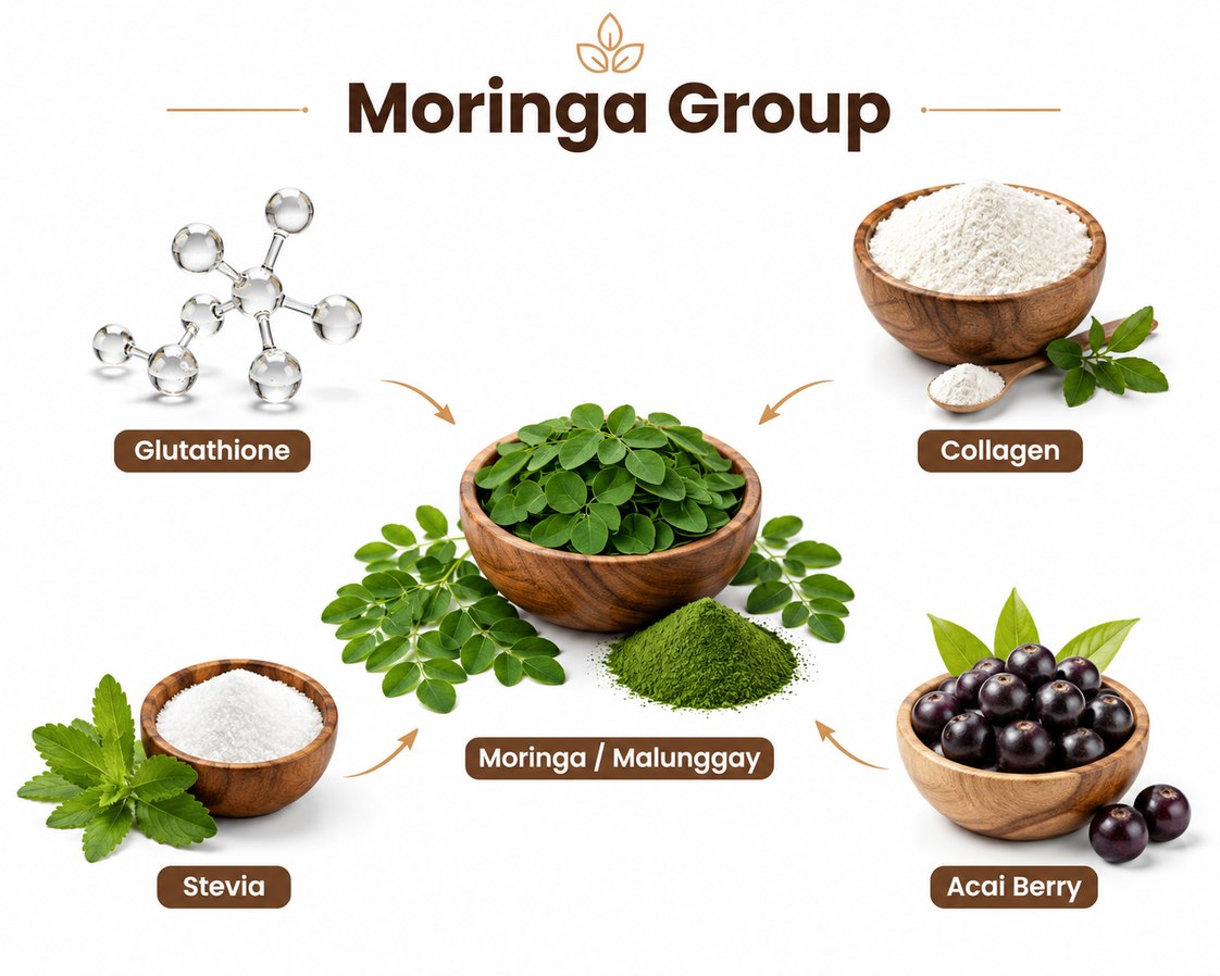 Moringa Group: Moringa/Malunggay, Glutathione, Collagen, Stevia, Acai Berry