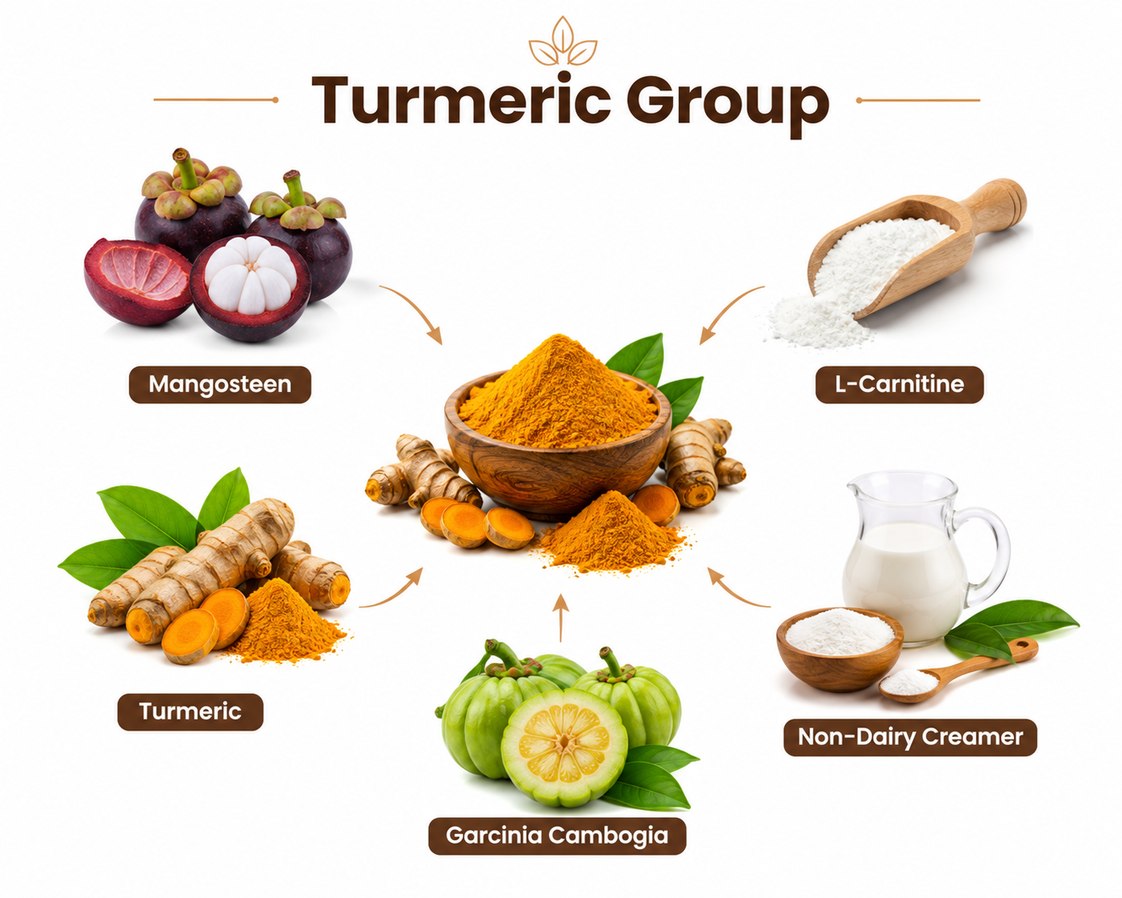 Turmeric Group: Turmeric, Mangosteen, L-Carnitine, Non-Dairy Creamer, Garcinia Cambogia