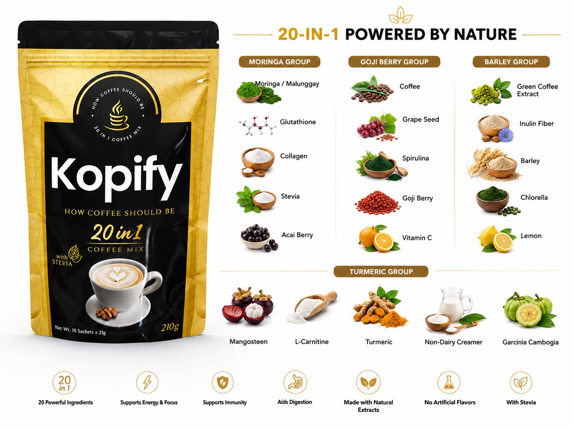 Kopify 20-in-1, Powered by Nature: full ingredient breakdown by group, plus key benefits (energy & focus, immunity, digestion, natural extracts, no artificial flavors, with stevia)
