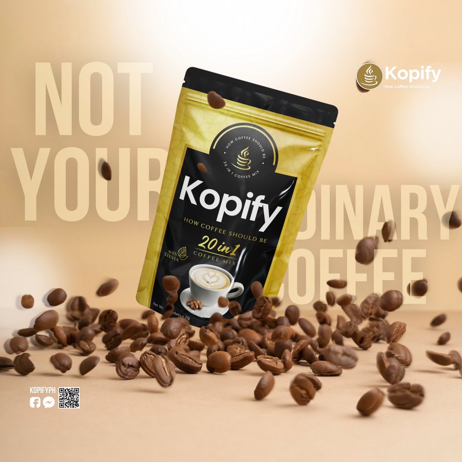 Kopify 20-in-1 Coffee Mix pouch with scattered coffee beans — Not Your Ordinary Coffee